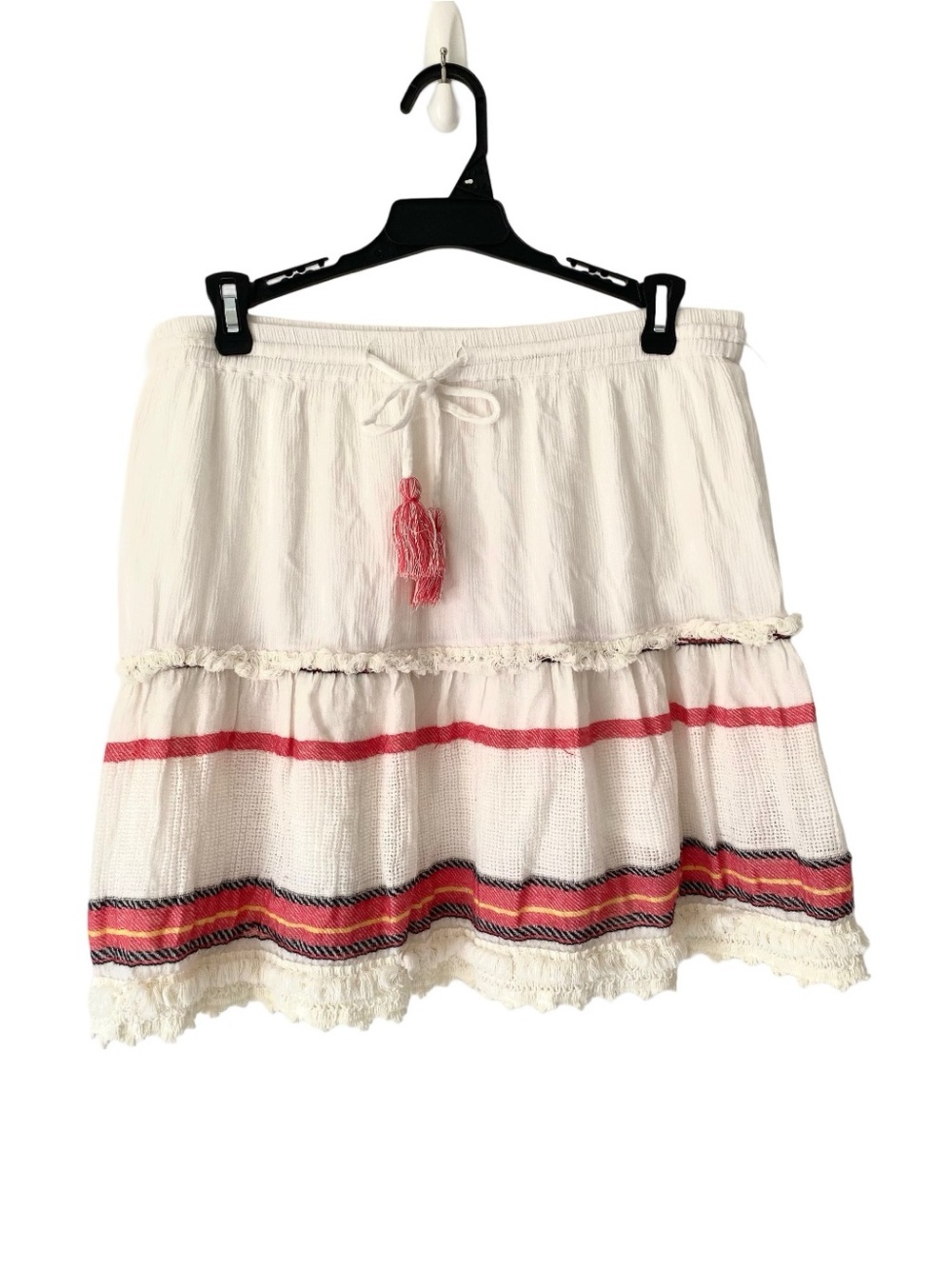 Raga Anthropologie White Tiered Cotton Boho Mini Skirt Pink Tassel size large